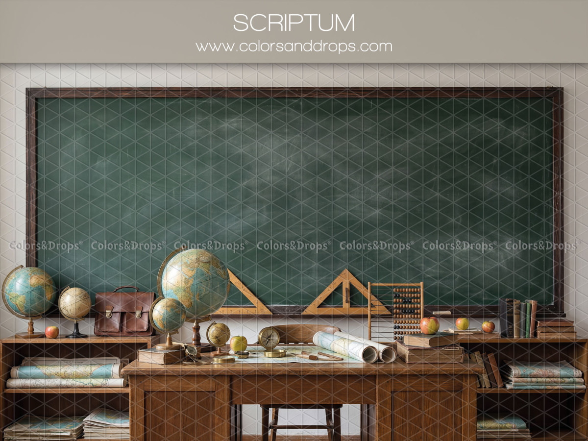 School portrait photo backdrop Scriptum – large chalkboard with desk, globes and set squares | Colors&Drops