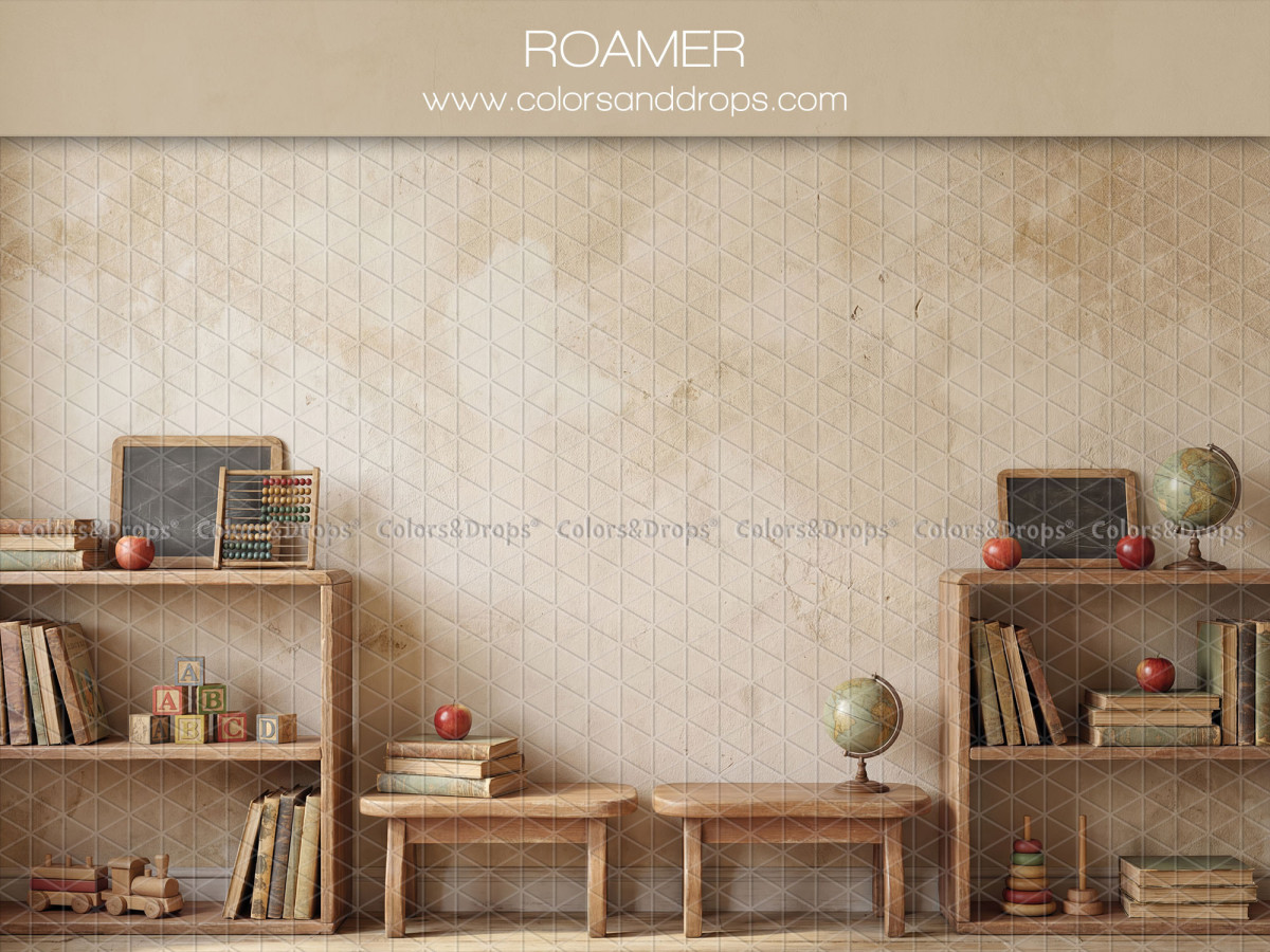 School portrait photo backdrop Roamer – weathered wall with school shelves and benches | Colors&Drops