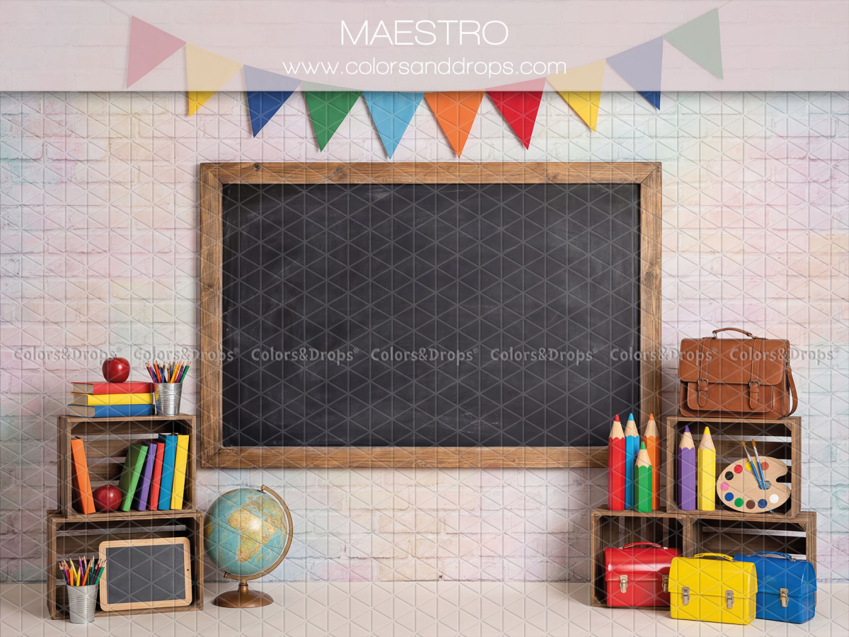School portrait photo backdrop Maestro – chalkboard on brick wall with bunting | Colors&Drops