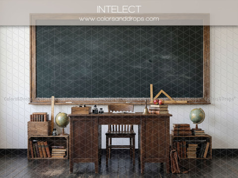 Fond photo scolaire Intelect – tableau noir avec bureau en bois et chaise | Colors&Drops