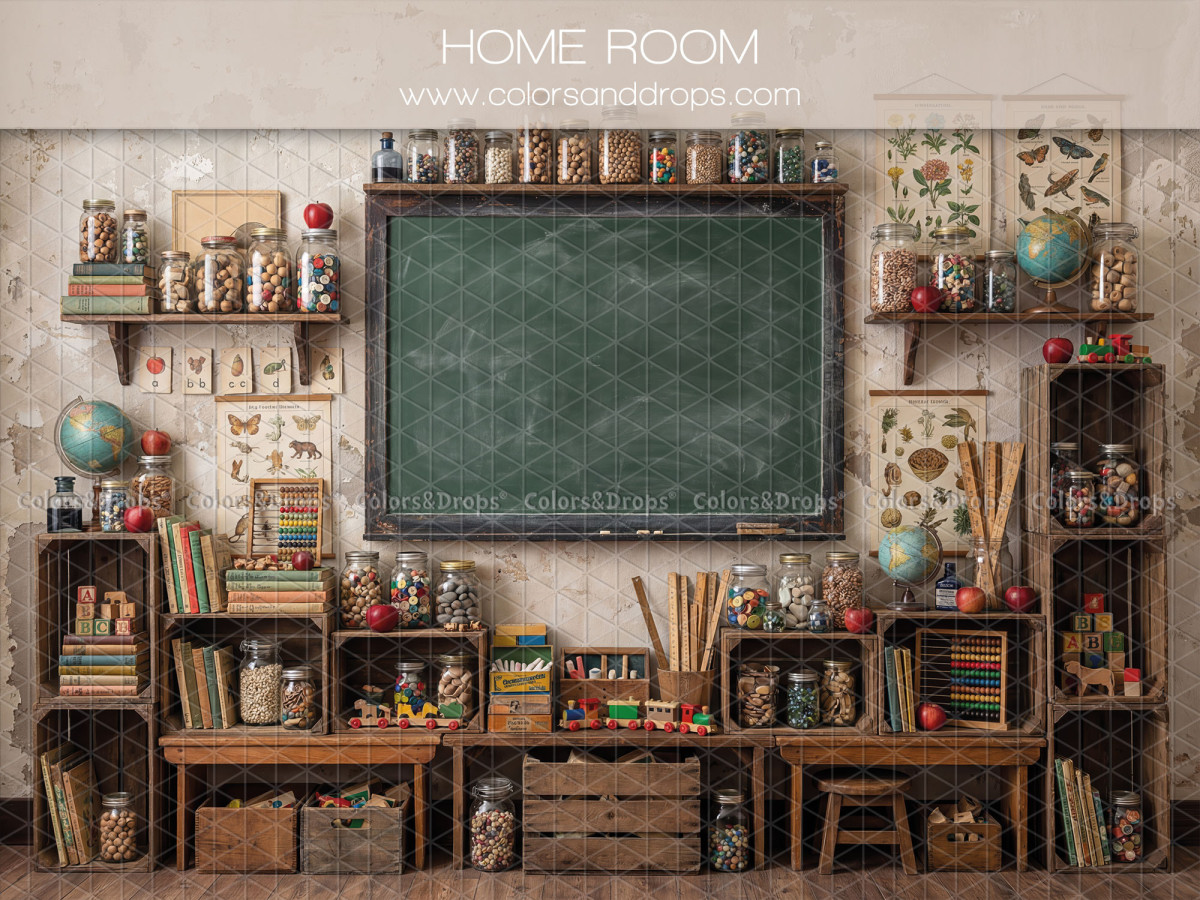 Fond photo scolaire Home Room – tableau vert entouré d'étagères de bocaux et livres | Colors&Drops