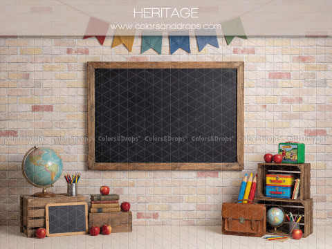 Fond photo scolaire Heritage – tableau noir sur mur en brique avec fanions et globe | Colors&Drops