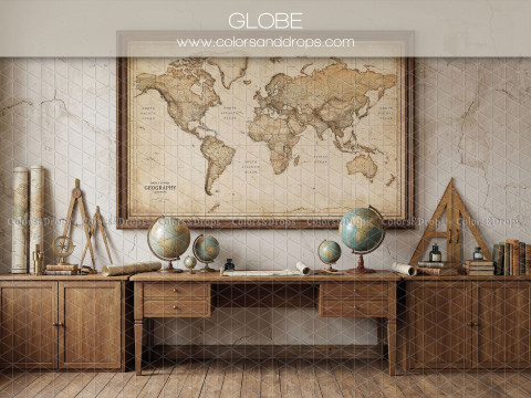 Fond photo scolaire Globe – ancienne carte du monde avec bureau et globes | Colors&Drops