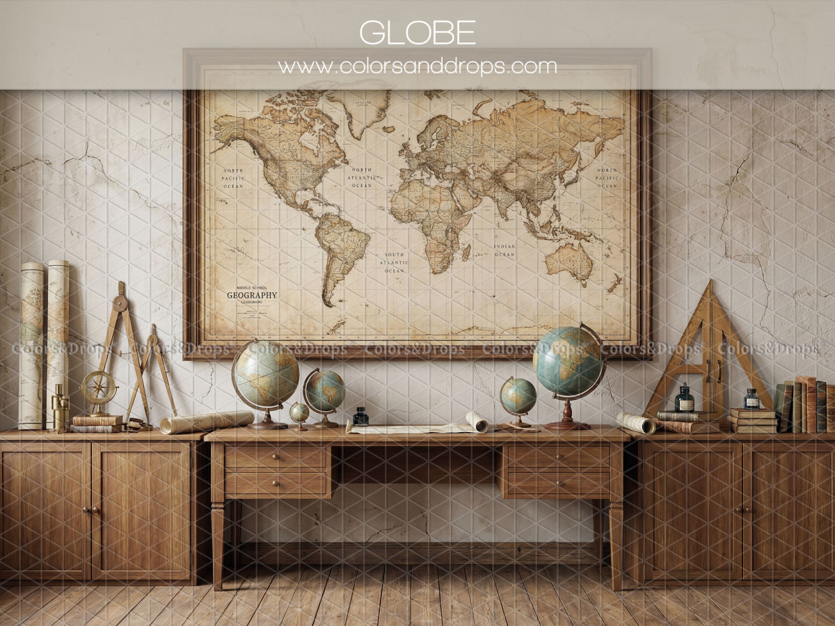School portrait photo backdrop Globe – vintage world map with desk and globes | Colors&Drops