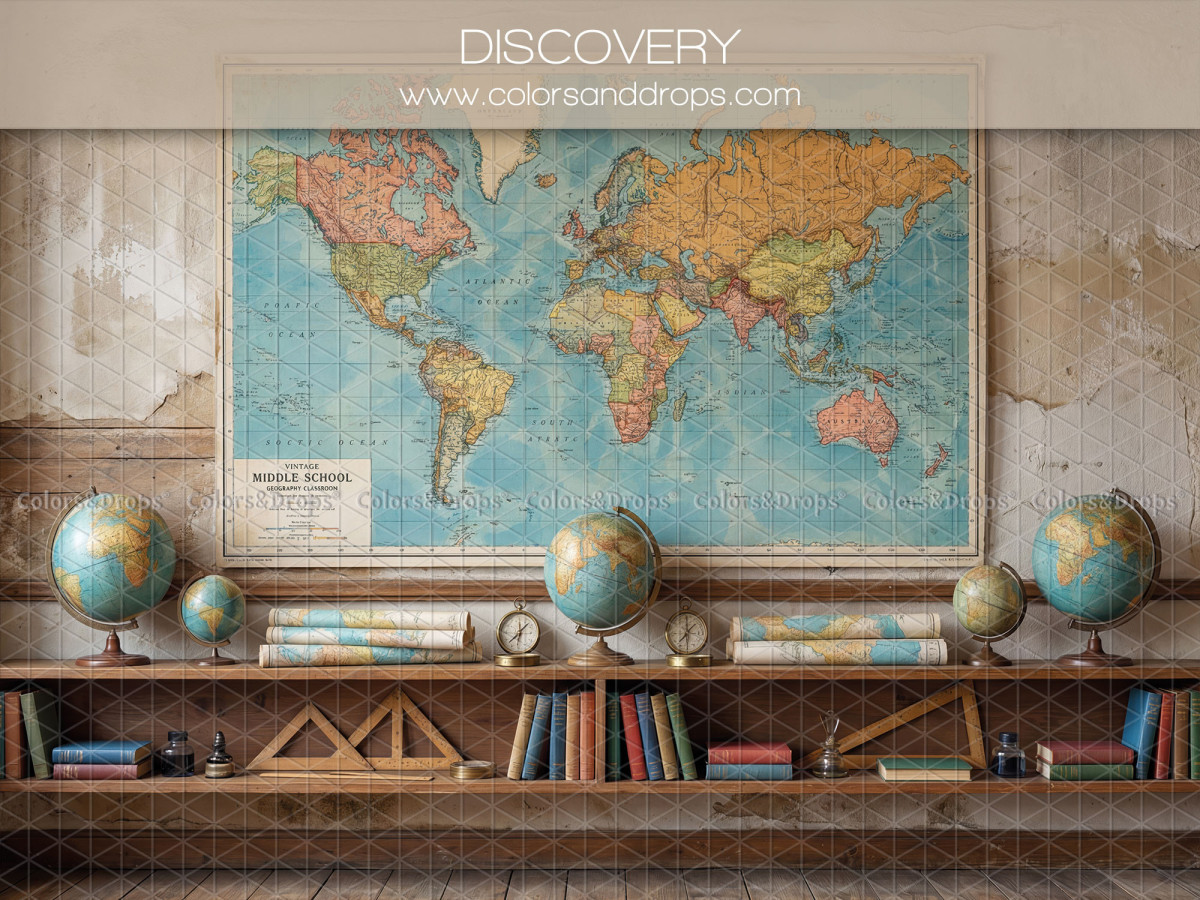 Fondo fotográfico escolar Discovery – gran mapa del mundo con globos terráqueos y estante | Colors&Drops