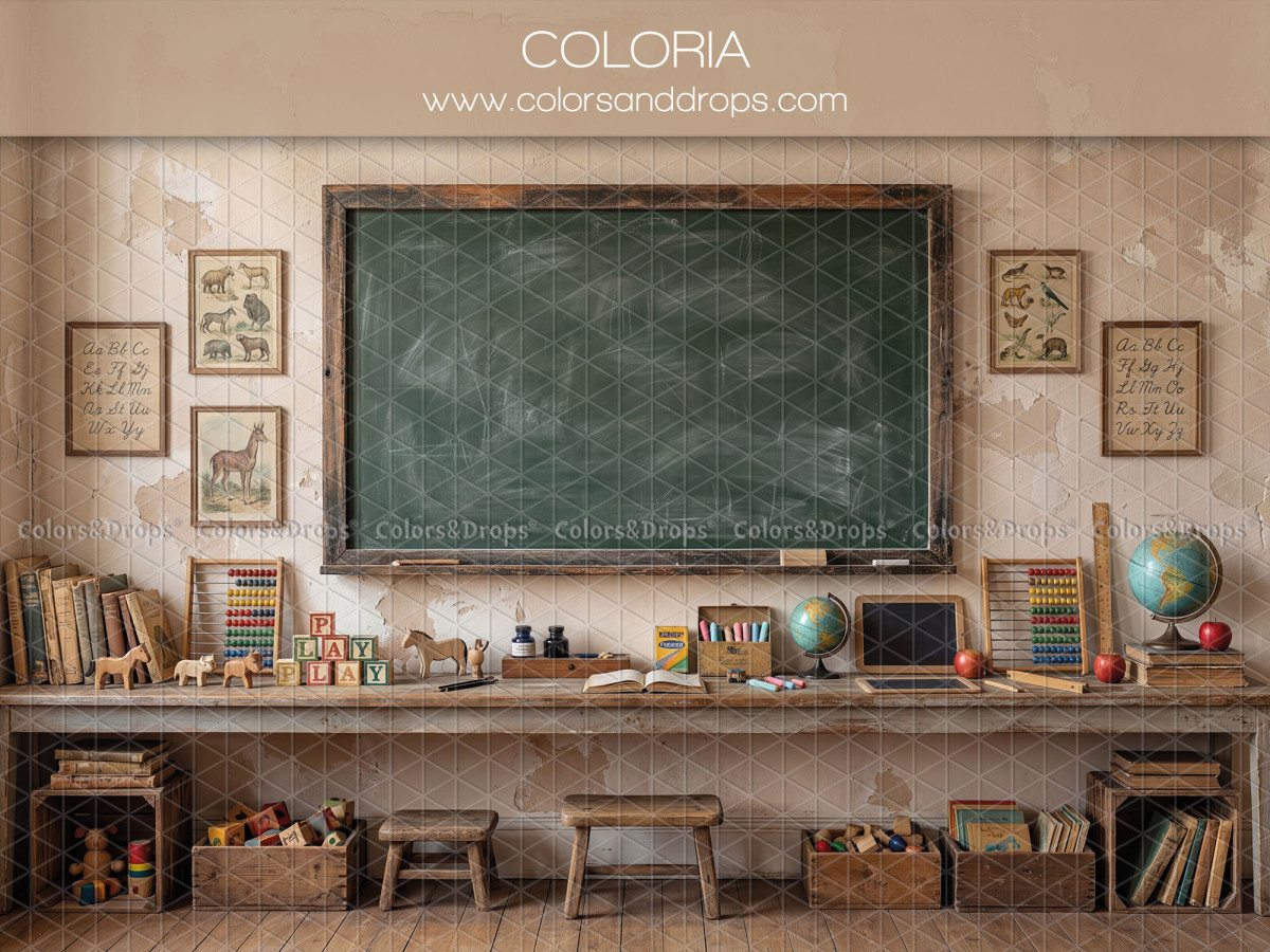 School portrait photo backdrop Coloria – green board with frames and school shelf | Colors&Drops