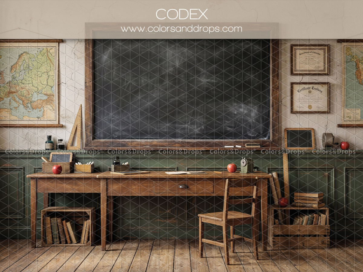 Fondo fotográfico escolar Codex – pizarra con escritorio, mapa y silla | Colors&Drops