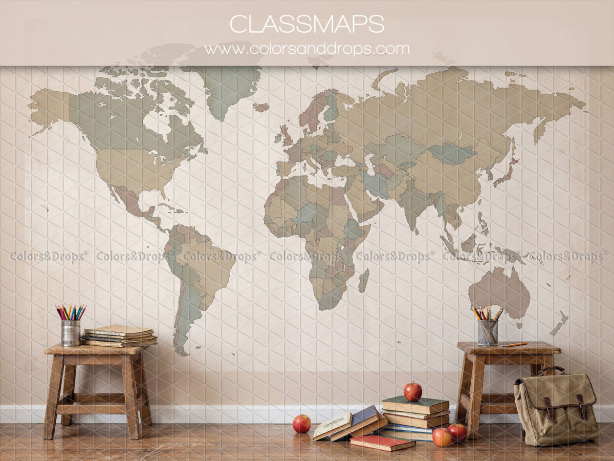 Fond photo scolaire Classmaps – carte du monde murale beige avec tabourets | Colors&Drops