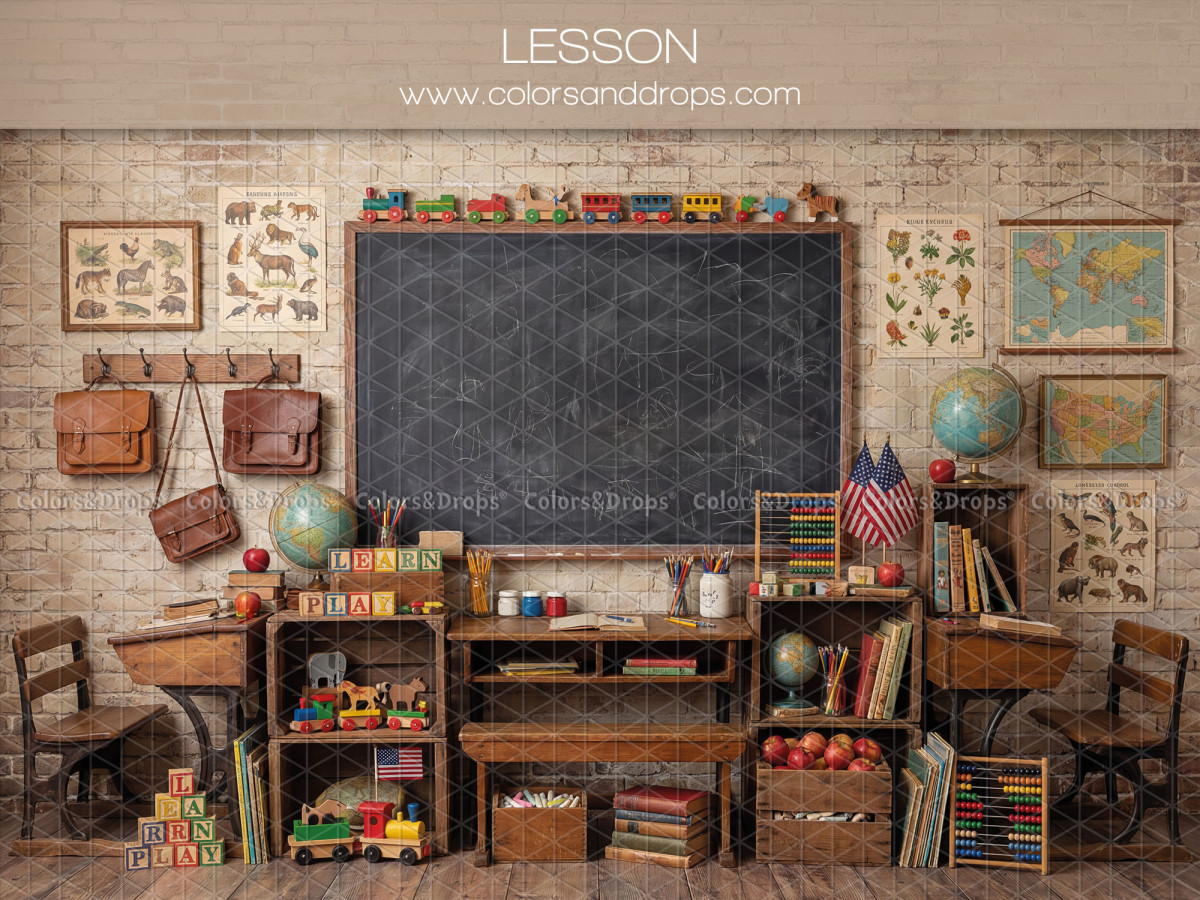 School portrait photo backdrop Lesson – old-fashioned classroom with chalkboard and desks | Colors&Drops