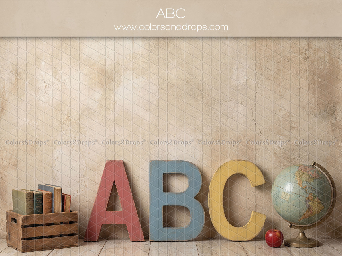 Fondo fotográfico escolar Abc – letras ABC de madera con globo en pared envejecida | Colors&Drops