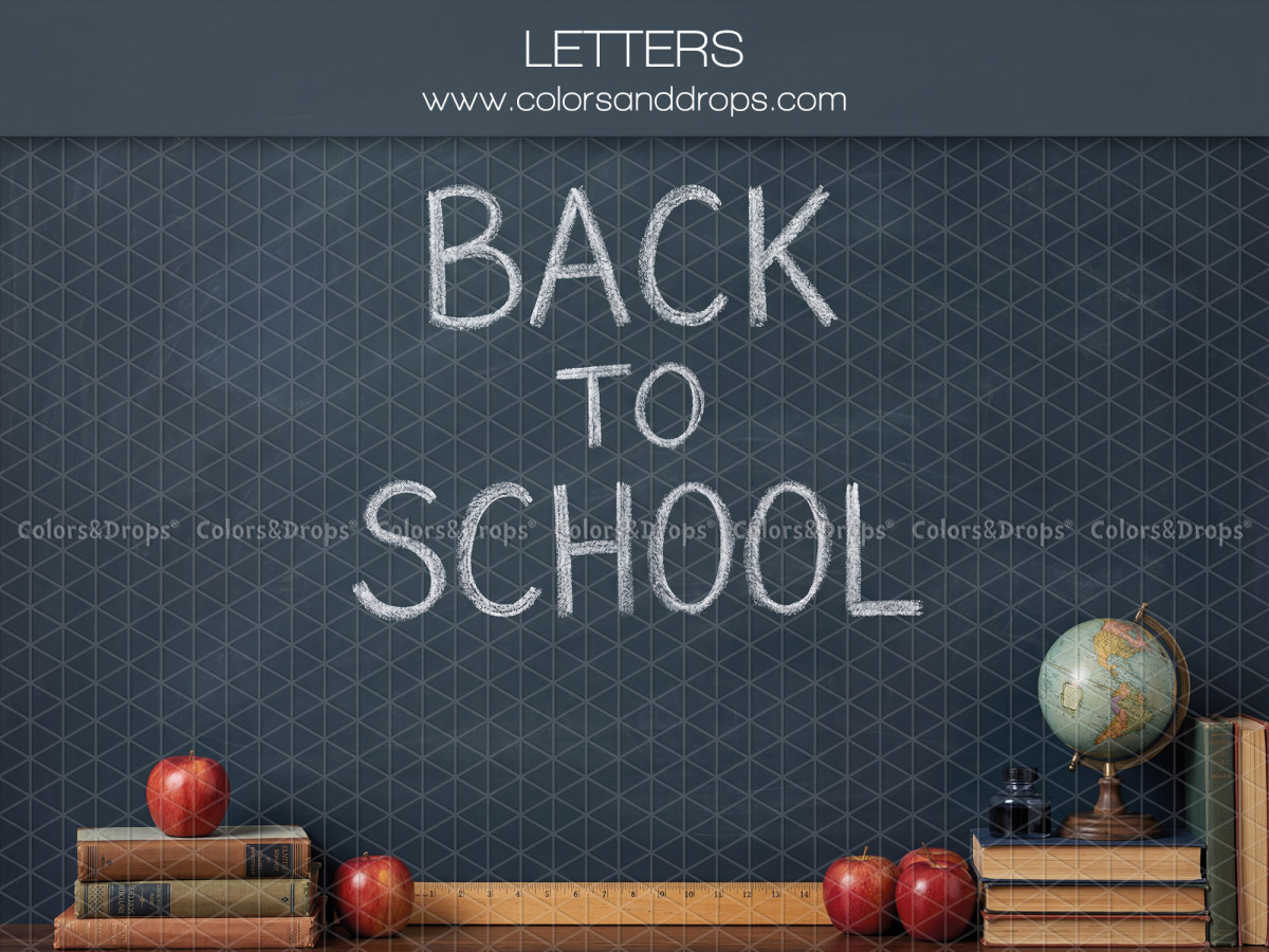 School portrait photo backdrop Letters – back to School chalkboard with apples and books | Colors&Drops