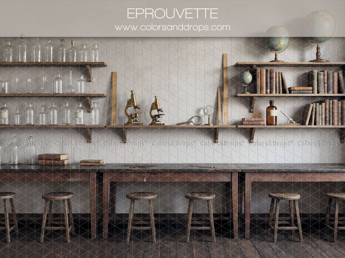 School portrait photo backdrop Eprouvette – science lab with shelves and stools | Colors&Drops