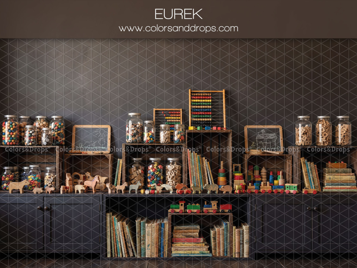 School portrait photo backdrop Eurek – shelves of jars and toys on dark wall | Colors&Drops