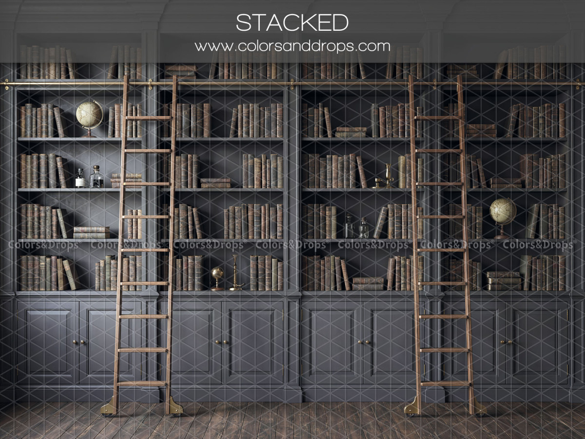 School portrait photo backdrop Stacked – grey bookcase with wooden ladders | Colors&Drops
