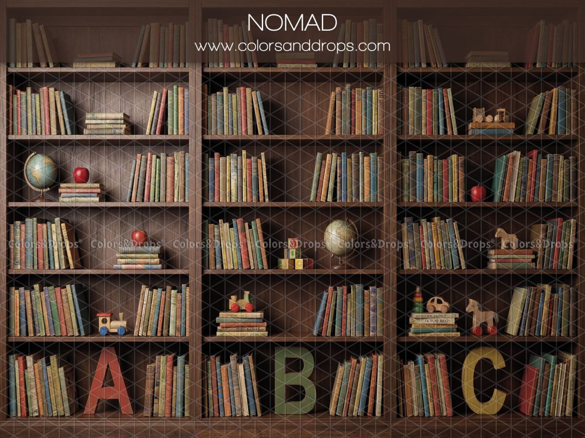 Fondo fotográfico escolar Nomad – librería de madera con letras ABC | Colors&Drops
