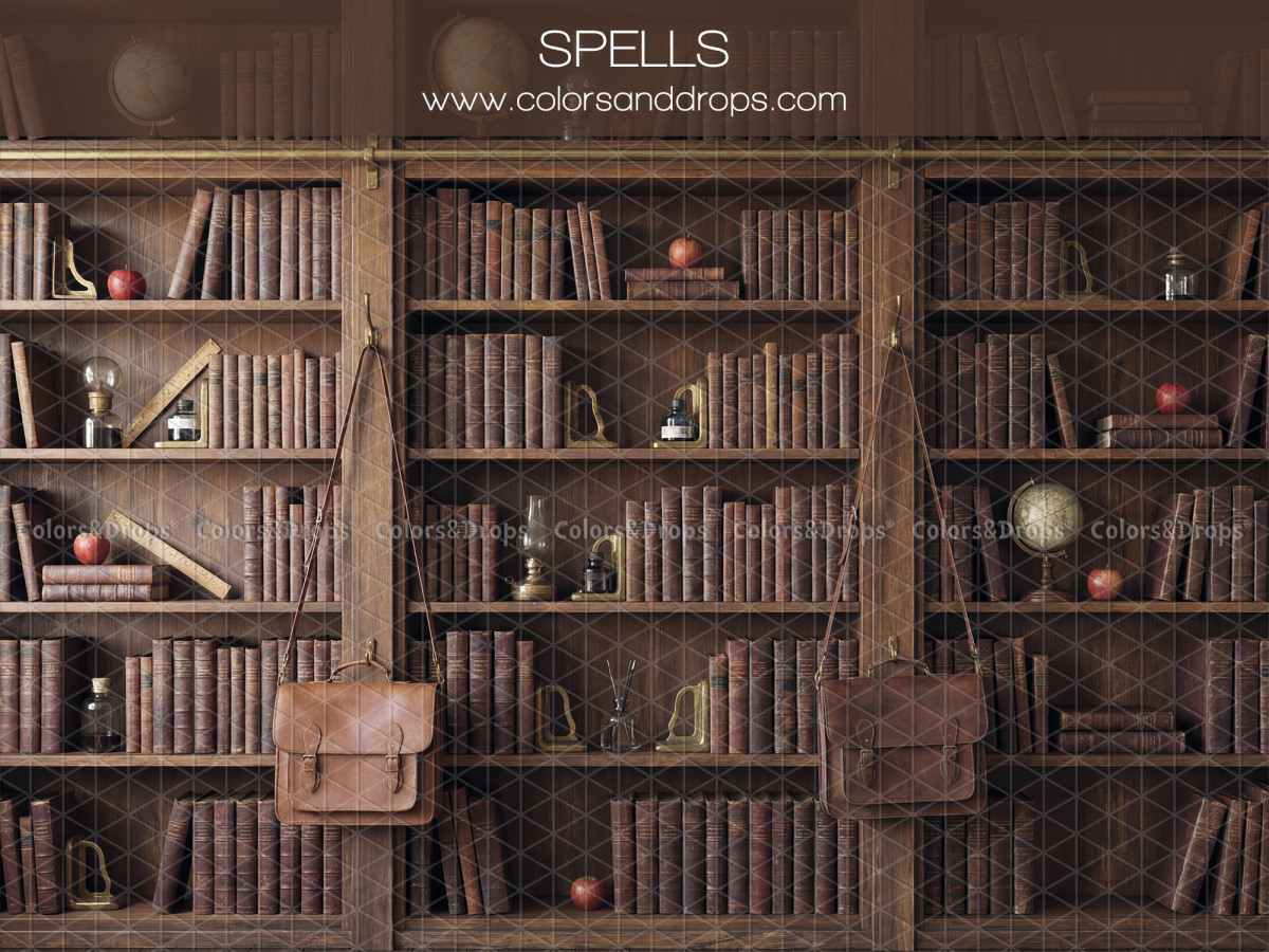 School portrait photo backdrop Spells – antique wooden bookcase with satchels | Colors&Drops