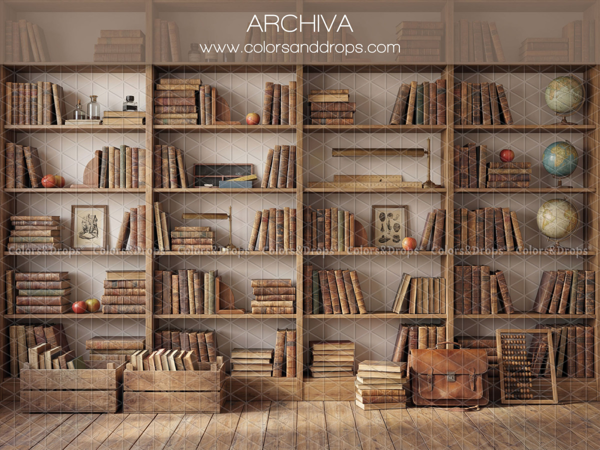School portrait photo backdrop Archiva – wooden bookcase with globes and suitcases | Colors&Drops