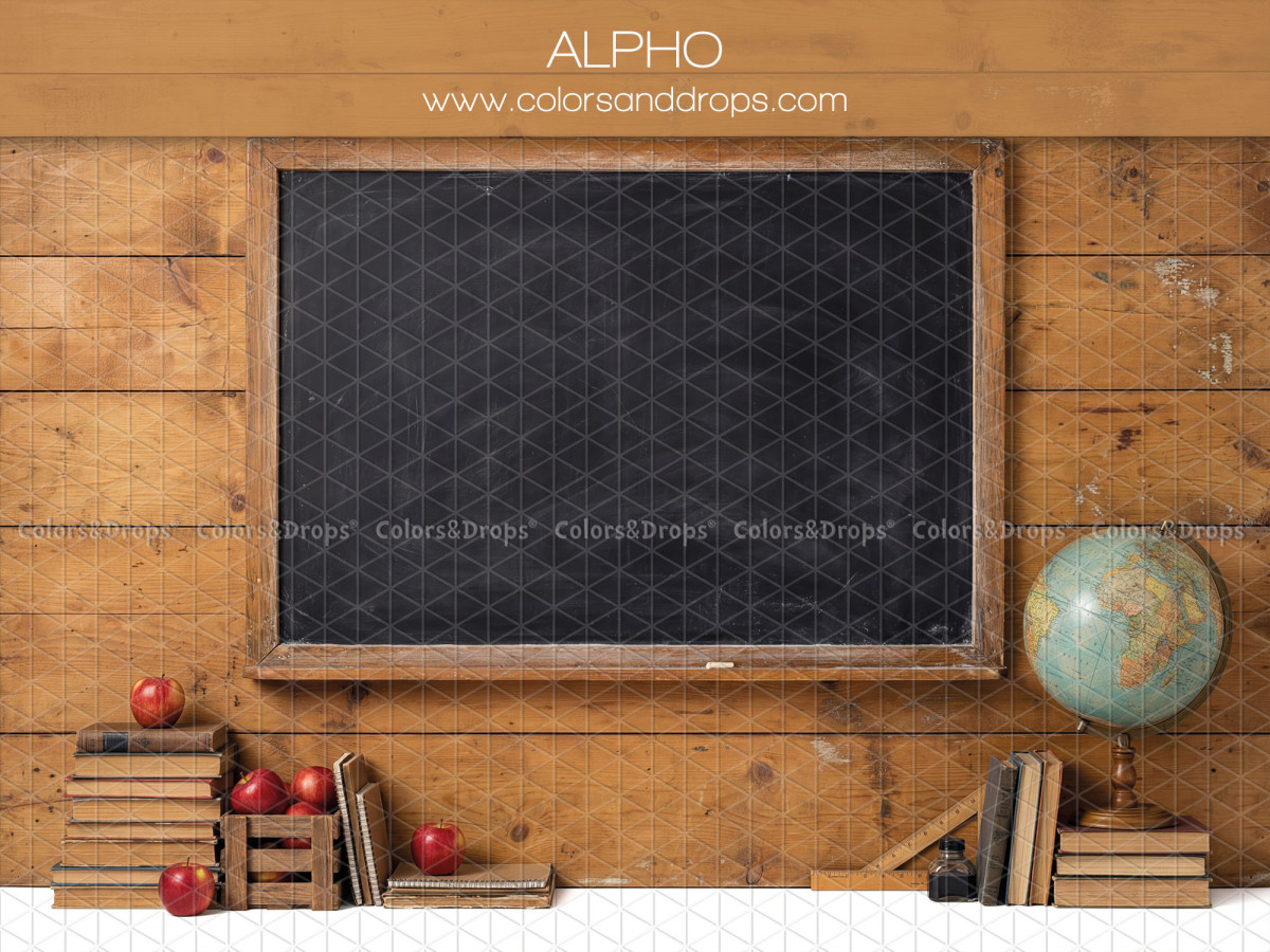 Fondo fotográfico escolar Alpho – pizarra en pared de tablones con globo terráqueo | Colors&Drops