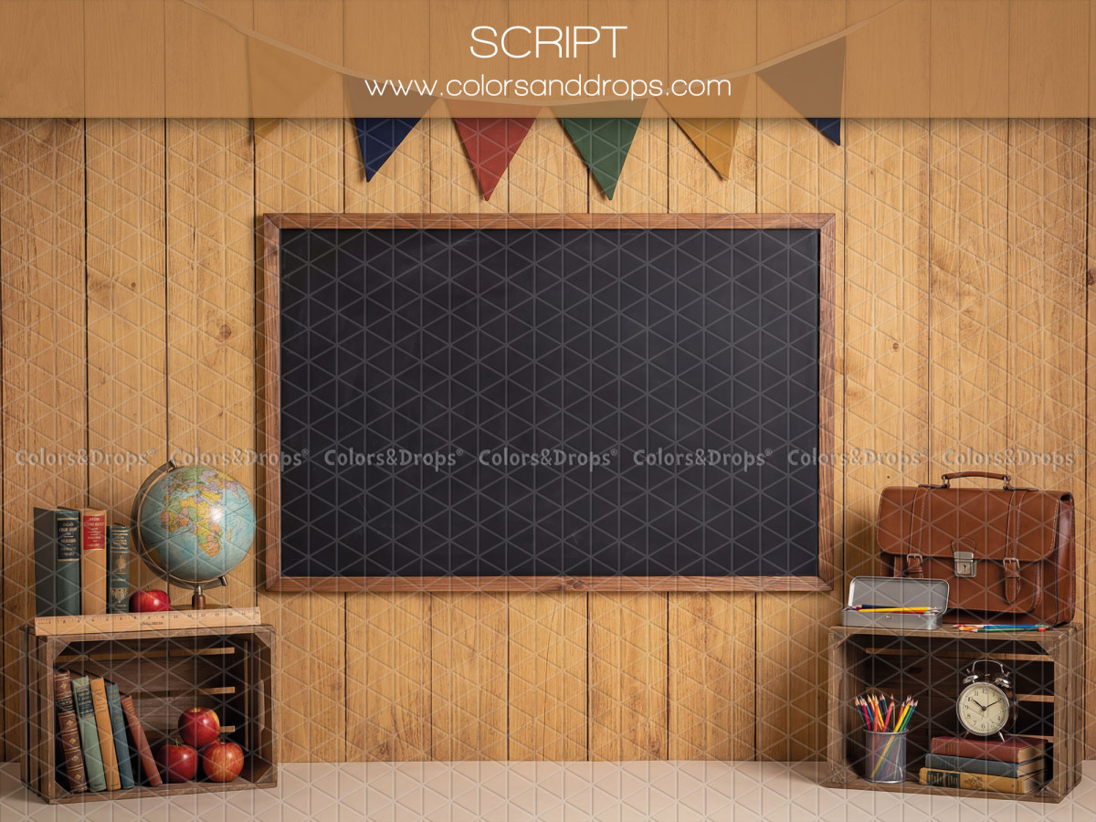 Fond photo scolaire Script – tableau noir sur lambris avec fanions et globe | Colors&Drops