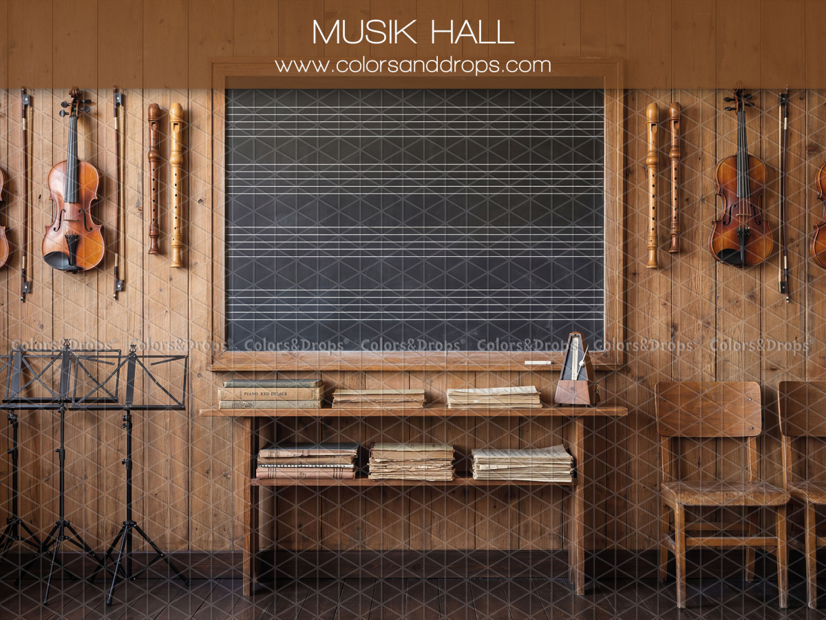 School portrait photo backdrop Musik Hall – music room with board, violins and desk | Colors&Drops
