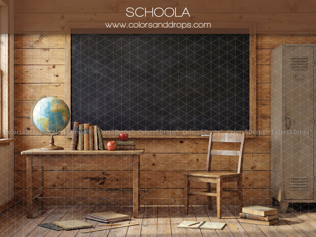Fond photo Schoola – salle de classe en bois avec tableau et casier | Colors&Drops