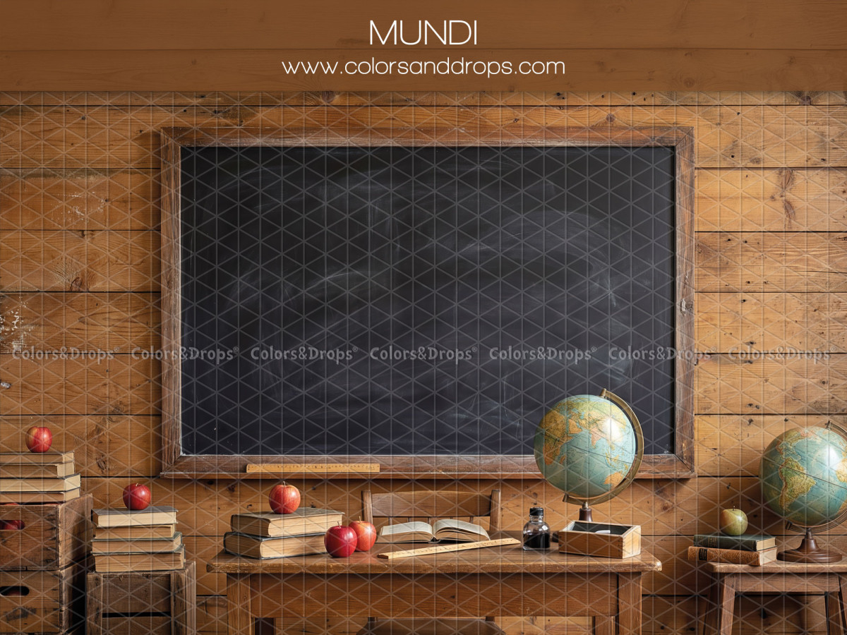 Fond photo scolaire Mundi – tableau noir sur mur en planches avec globes | Colors&Drops