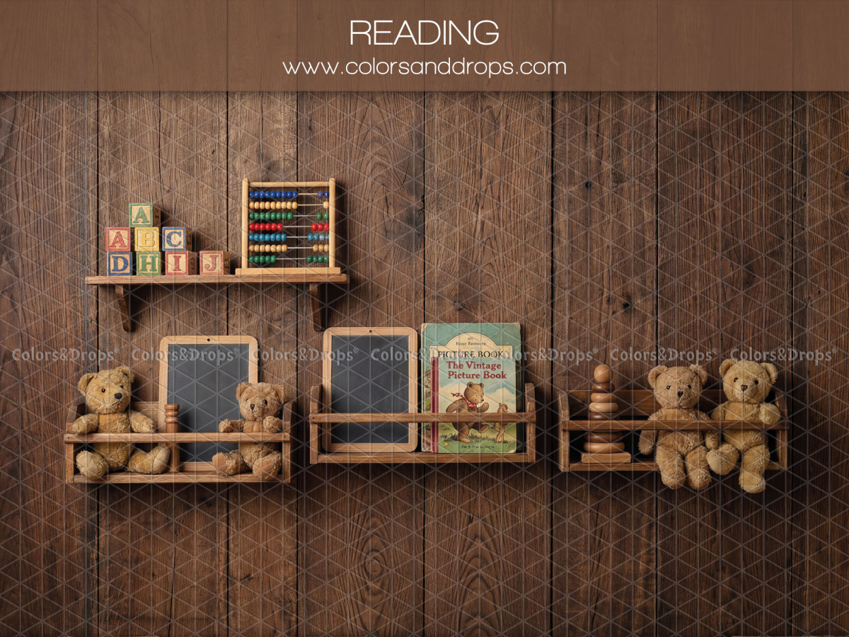 School portrait photo backdrop Reading – plank wall with shelves, teddy bears and books | Colors&Drops