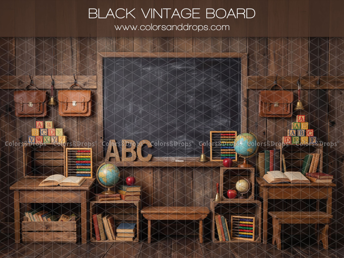 School portrait photo backdrop Black Vintage Board – vintage chalkboard on wooden wall with desks | Colors&Drops