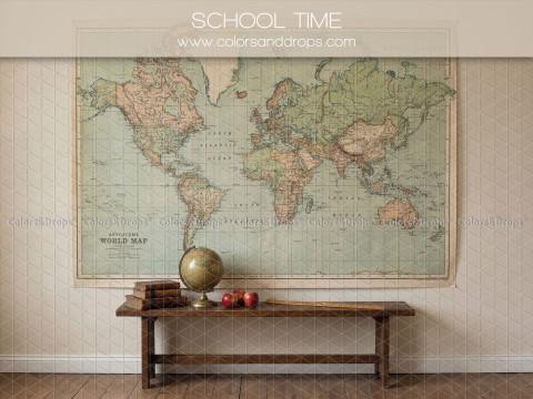 Fond photo School Time – ancienne carte du monde avec banc et globe | Colors&Drops