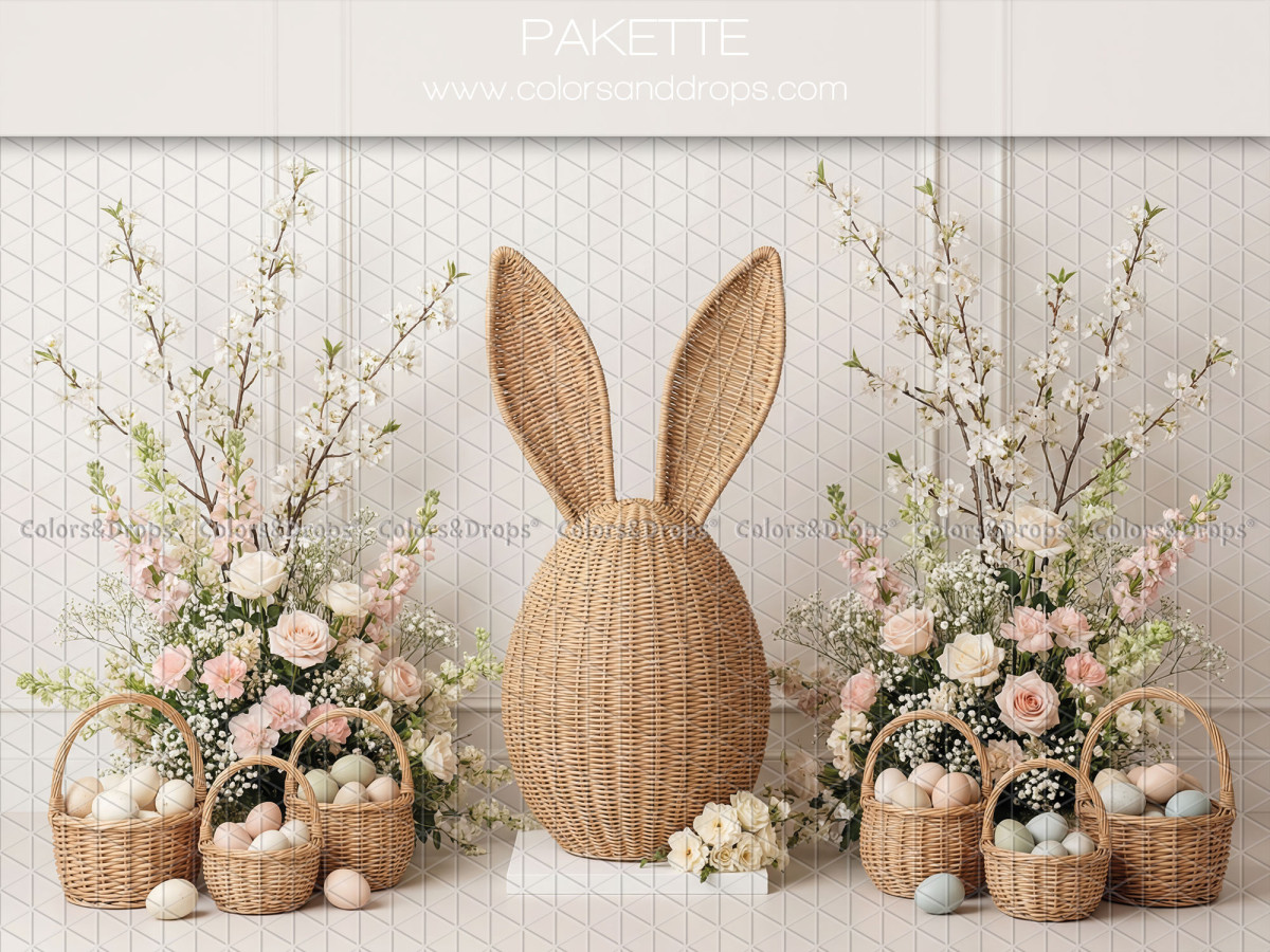 Easter photo backdrop Pakette – giant wicker bunny with blossoming trees and baskets | Colors&Drops