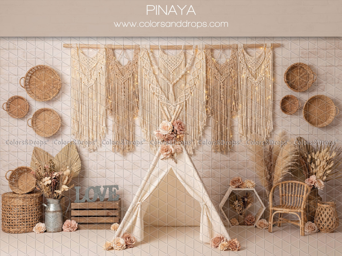 Fond photo bébé et smash cake Pinaya – tipi avec macramé, paniers muraux et rotin | Colors&Drops