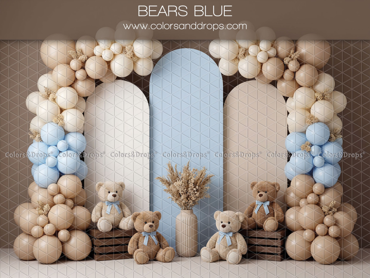 Baby & cake smash photo backdrop Bears Blue – blue and beige balloon arch with teddy bears | Colors&Drops