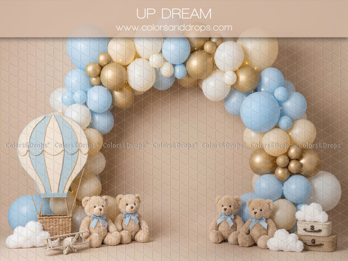 Baby & cake smash photo backdrop Up Dream – blue and gold balloon arch with hot air balloon | Colors&Drops