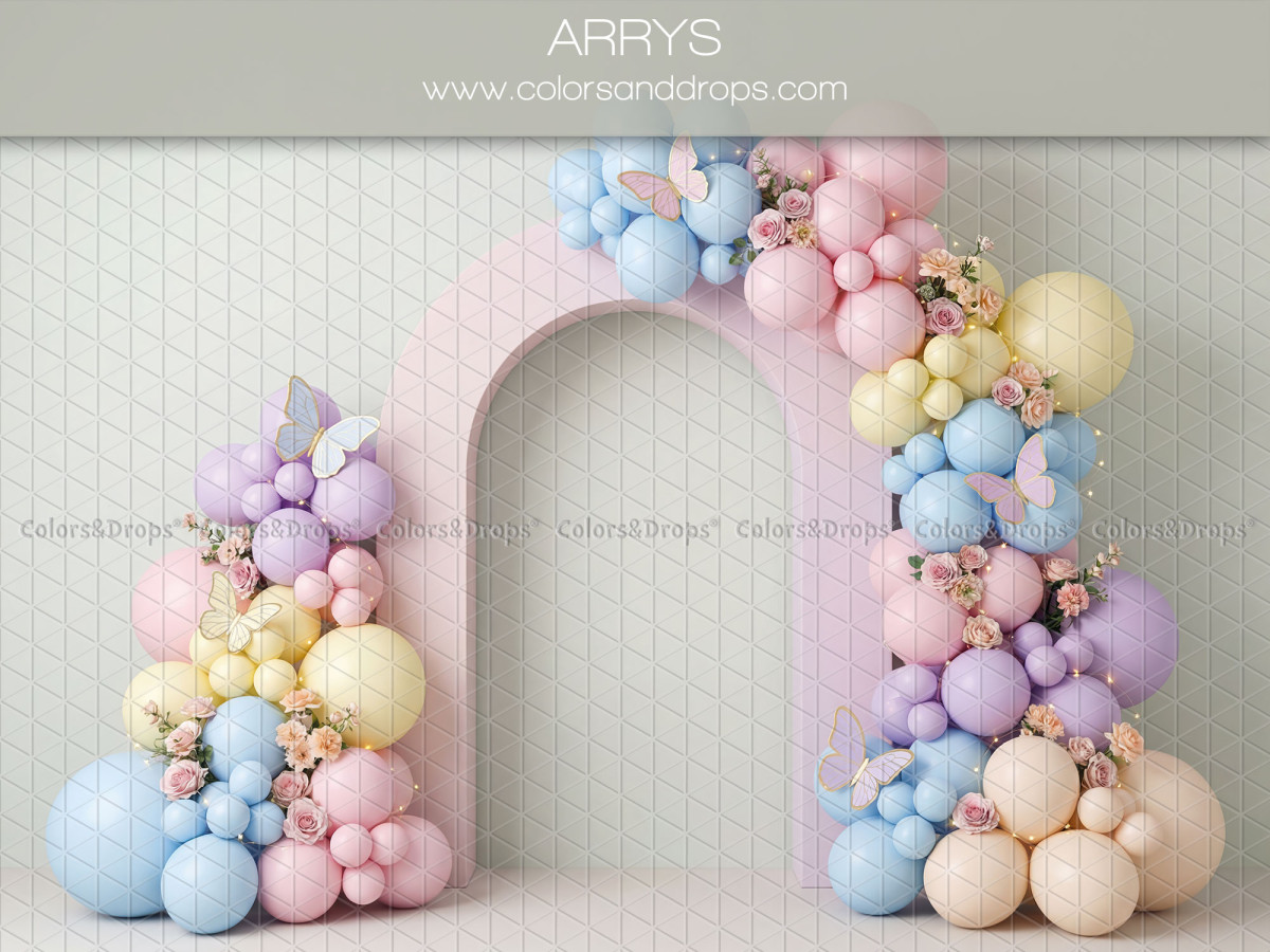 Fondo fotográfico de bebé y smash cake Arrys – arco de globos pastel con mariposas | Colors&Drops