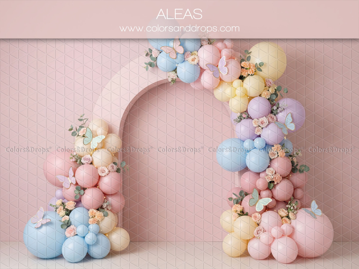 Fondo fotográfico de bebé y smash cake Aleas – arco de globos pastel en pared rosa | Colors&Drops