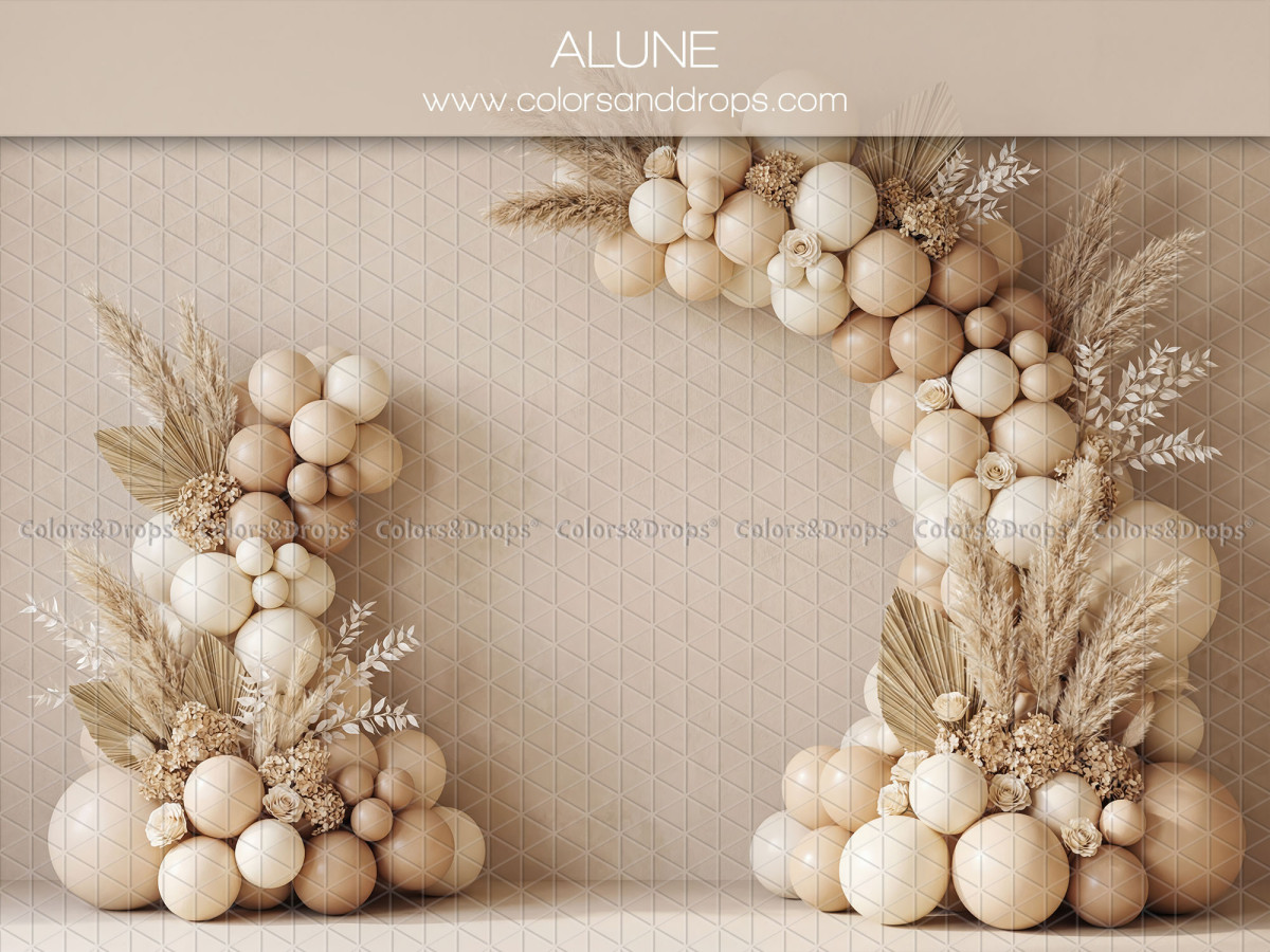 Fondo fotográfico de bebé y smash cake Alune – arco de globos crema y beige con pampa | Colors&Drops