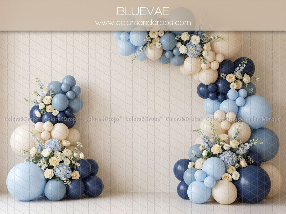 Fondo fotográfico de bebé y smash cake Bluevae – arco de globos azules y blancos con flores | Colors&Drops