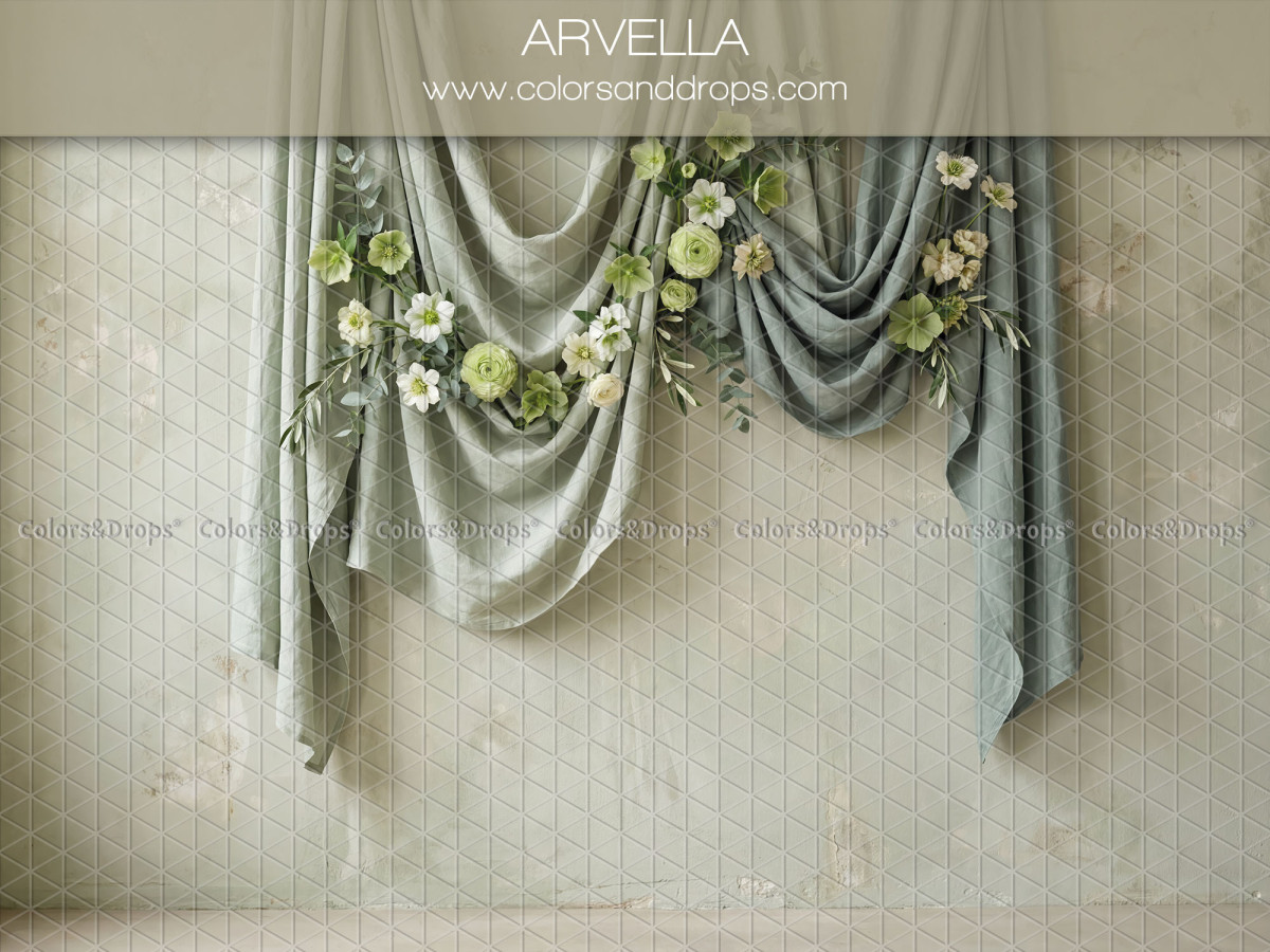 Maternity & portrait photo backdrop Arvella – sage green draped curtains with white flowers | Colors&Drops