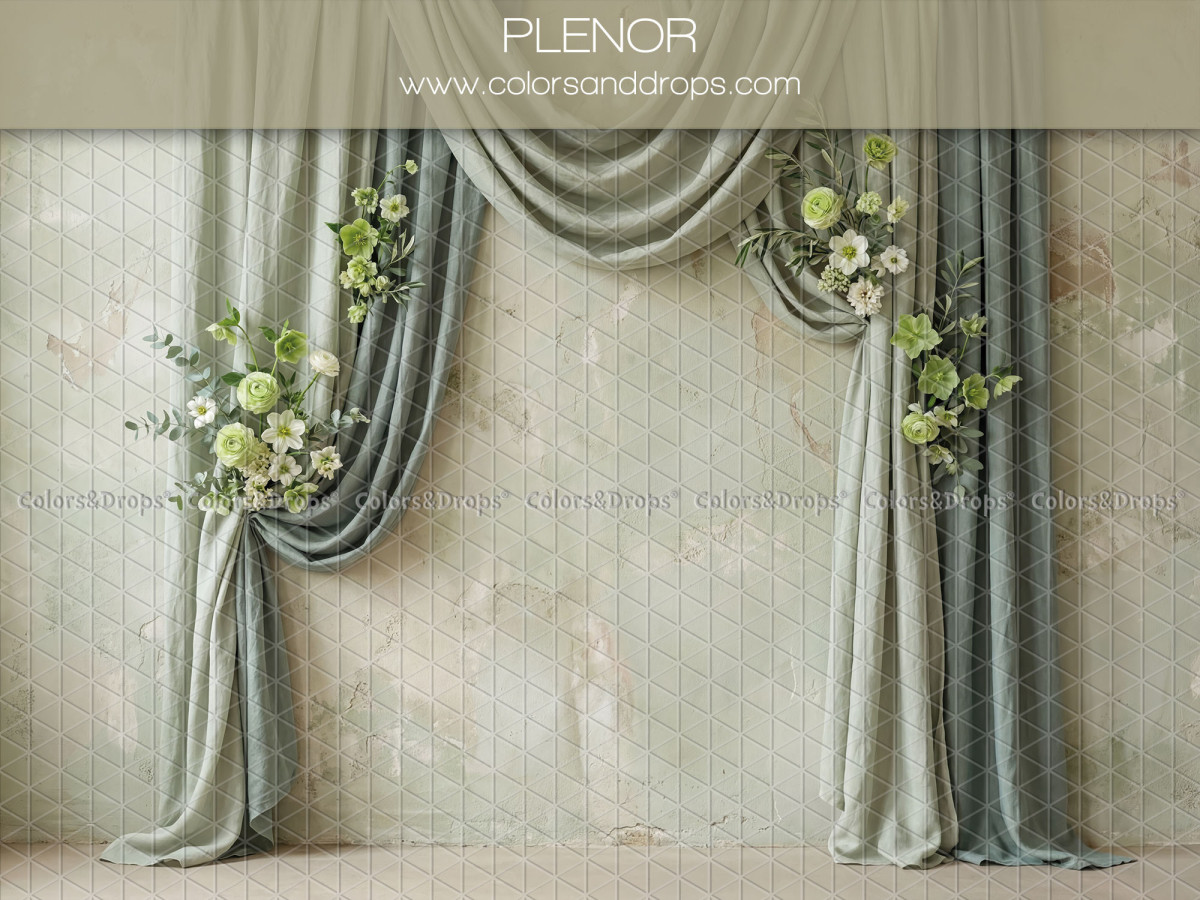 Fond photo grossesse et portrait Plenor – rideaux drapés vert gris avec fleurs vertes | Colors&Drops