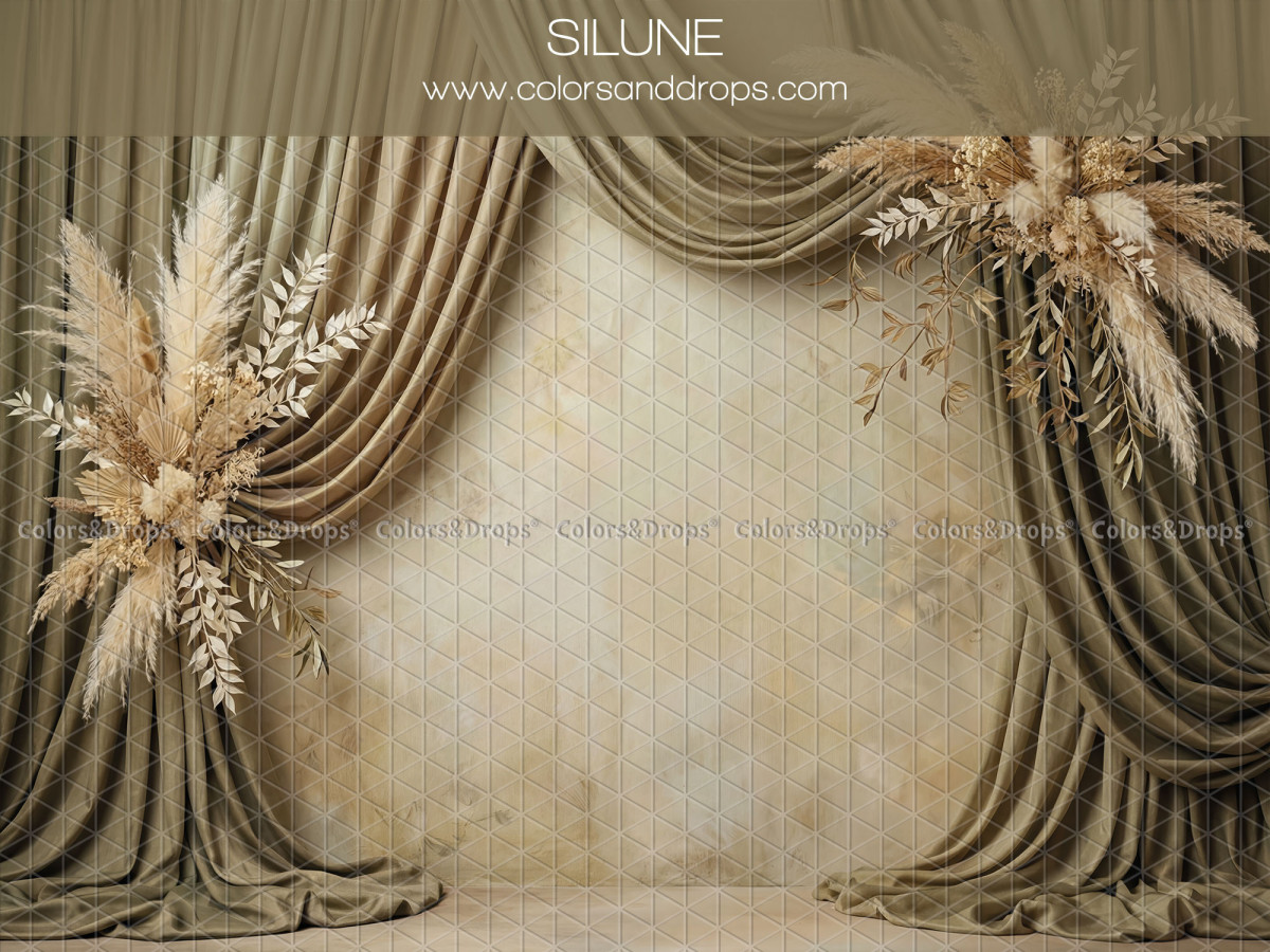 Maternity & portrait photo backdrop Silune – khaki draped curtains with pampas grass and flowers | Colors&Drops
