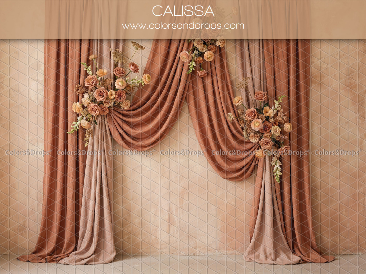 Maternity & portrait photo backdrop Calissa – terracotta draped curtains with roses | Colors&Drops