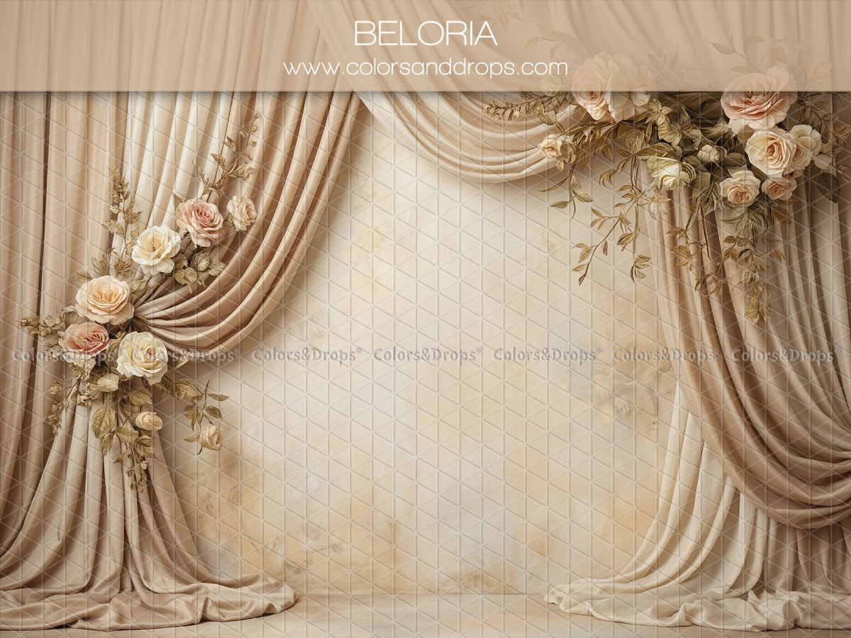 Maternity & portrait photo backdrop Beloria – taupe draped curtains with peach roses | Colors&Drops