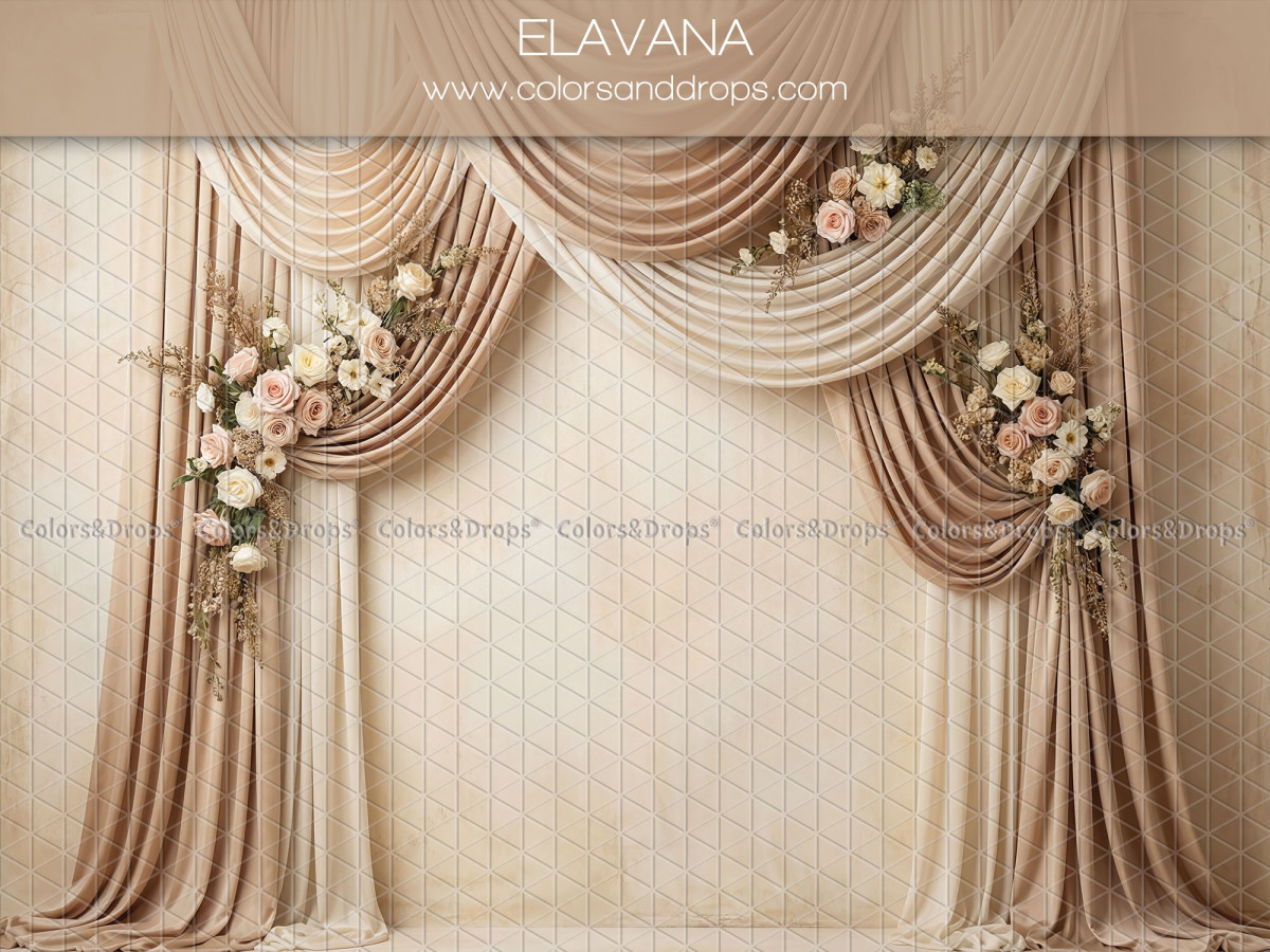 Maternity & portrait photo backdrop Elavana – beige and pink draped curtains with flowers | Colors&Drops