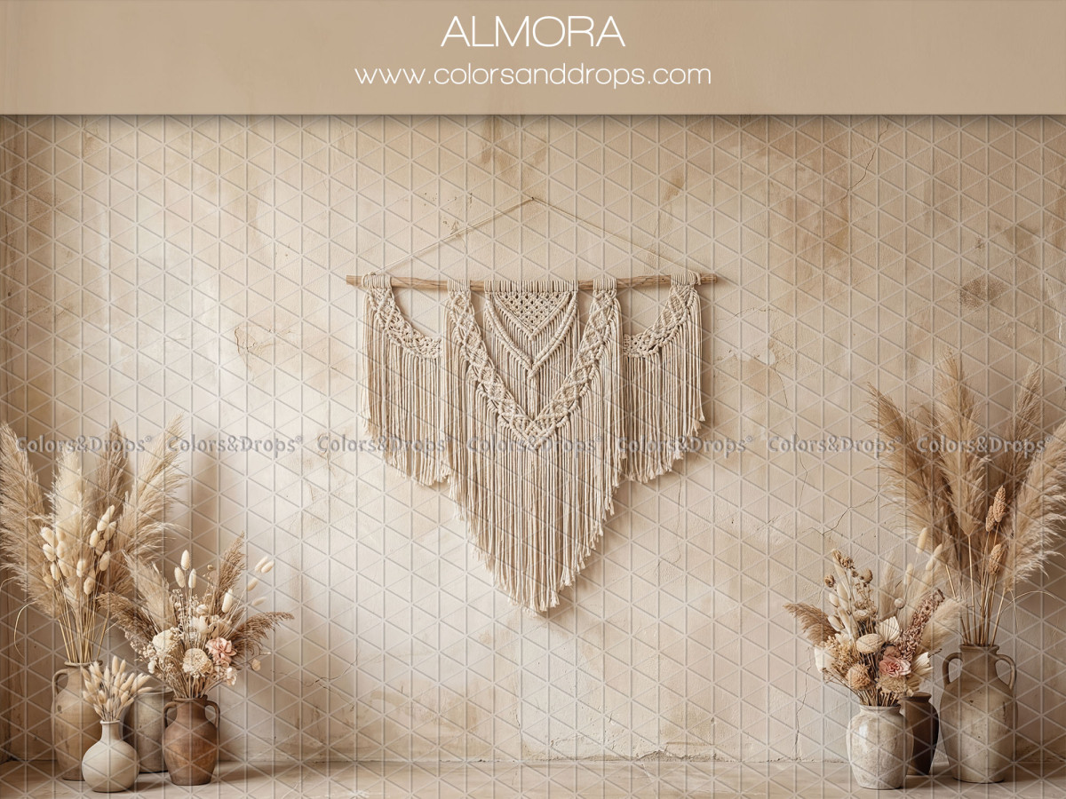 Boho photo backdrop Almora – beige wall with macramé and pampas vases | Colors&Drops