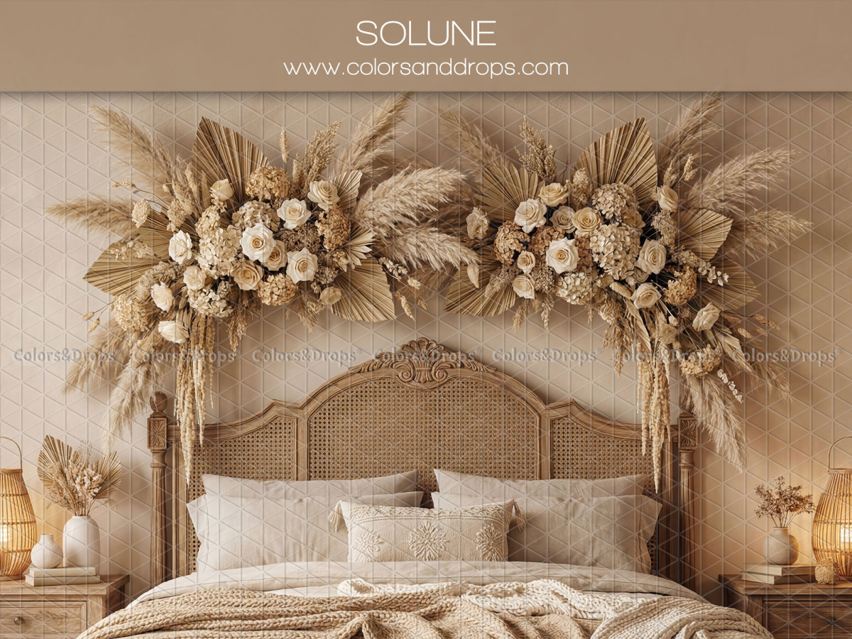 Boho photo backdrop Solune – bohemian bedroom with rattan headboard and pampas grass | Colors&Drops