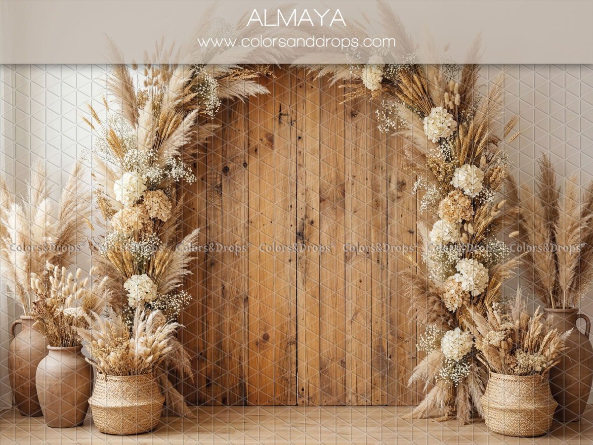 Fondo fotográfico boho Almaya – gran puerta de madera con arco de pampa | Colors&Drops