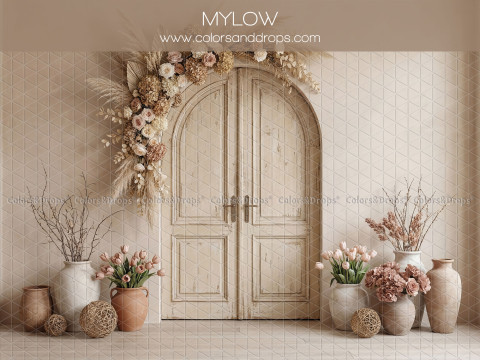 Fond photo bohème Mylow – porte cintrée blanche avec fleurs séchées et vases | Colors&Drops