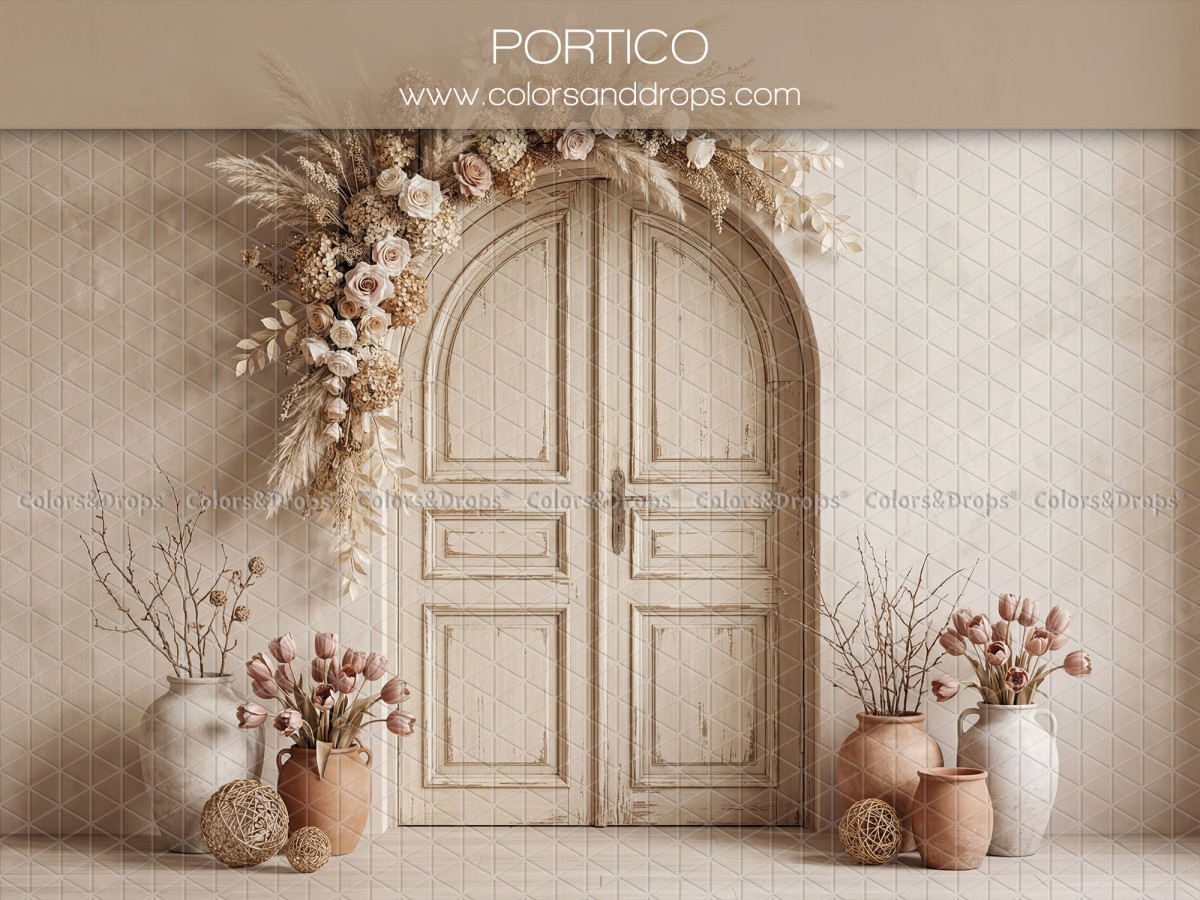 Boho photo backdrop Portico – cream arched door with floral garland and vases | Colors&Drops