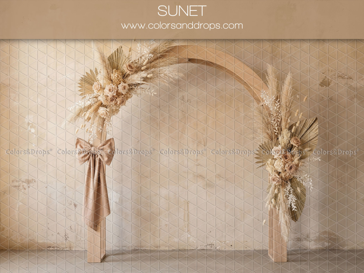 Photo backdrop Sunet – wooden arch with pink bow and dried flowers | Colors&Drops