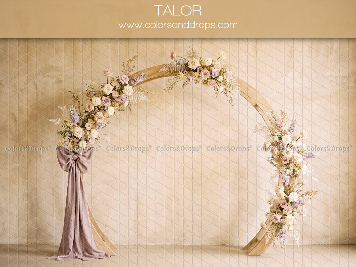 Photo backdrop Talor – round wooden flowered arch with pink ribbon | Colors&Drops